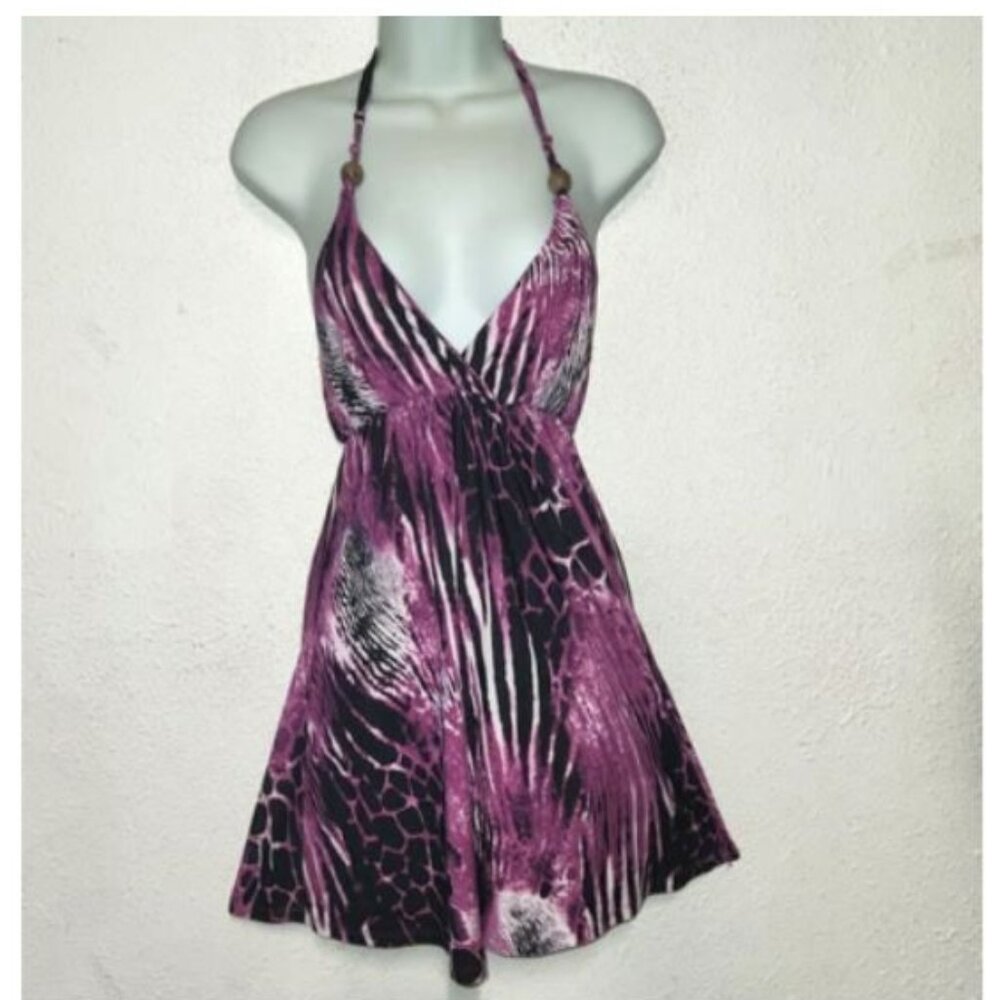 PARADISE sleeveless dress, Ties behind nec Purple and white, small
